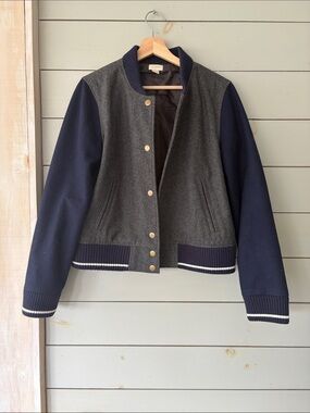 J.Crew Wool Blend Varsity Jacket | Navy & Grey | Snap Front | Size Large